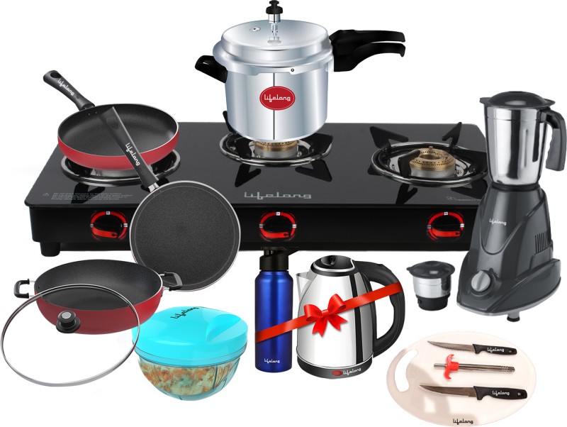 Lifelong Llcmbgs07 Family Pack Combo Glass Manual Gas Stove(3 Burners)