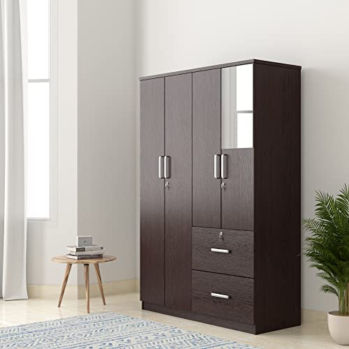 Amazon Brand – Solimo Cabelli Engineered Wood 4 Door Wardrobe With 2 Drawers And Mirror (Wenge Finish)