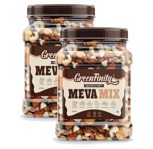 Greenfinity Meva Mix – Premium Nut & Dried Fruit Blend 1Kg, Almonds, Cashews, Green Raisins, Black Raisins, Black Dates, Apricots (500G (Pack Of 2))