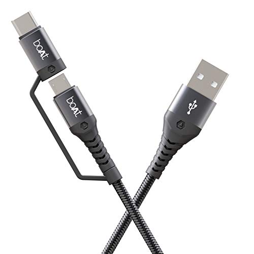 Boat Deuce Usb 300 2 In 1 Type-C & Micro Usb Stress Resistant, Sturdy Cable With 3A Fast Charging & 480Mbps Data Transmission, 10000+ Bends Lifespan And Extended 1.5M Length(Mercurial Black)