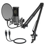 Uhuru Um-1000 Condenser Usb Mic For Pc, Singing, And Youtube. Gaming Recording Unidirectional Microphone Build In Dia.16Mm Large Capsule With Plug And Play, Mic Stand, And Pop Filter, Gray