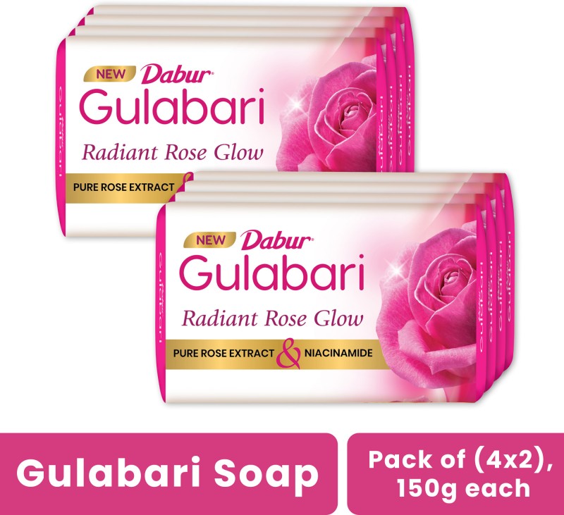 Dabur Gulabari Pure Rose Soap|Bathing Moisturizing Soap For Soft, Glowing Skin & Body(8 X 150 G)