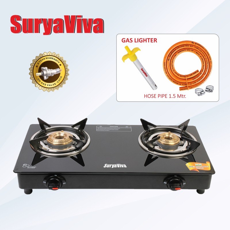 Suryaviva Hose Pipe & Lighter Combo Glass Manual Gas Stove(2 Burners)