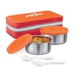 Milton Plastic New Mini Luinch Insulated Tiffin, Set Of 2, (280 Ml Each), With Jacket, Orange Light Weight Leak Proof Easy To Carry