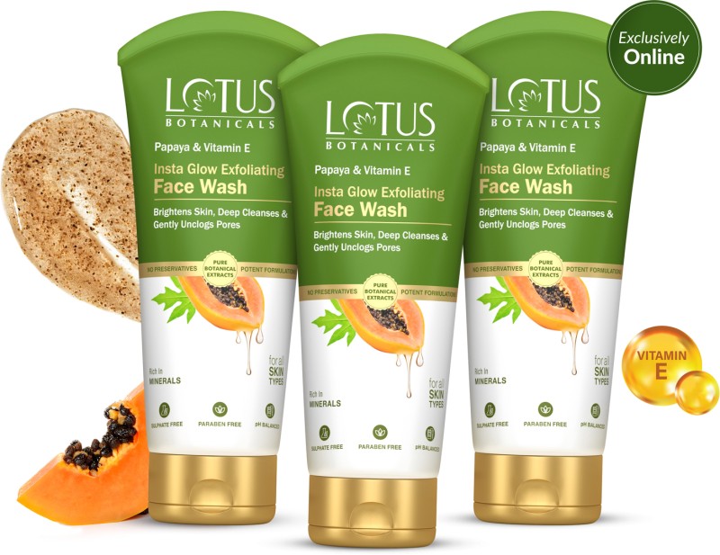 Lotus Botanicals Papaya & Vitamin E Insta Glow Exfoliating  |Deep Cleanses |Pack Of 3 Face Wash(300 Ml)