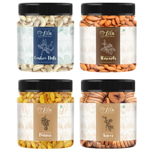 Lila Dry Fruits Combo (100 Gms X 4) Jar Pack | Premium Dryfruits Cashew Almond Fig Raisin | Daily Snacks For Healthy Diet | Rich In Protiens Minerals | Nutritious & Delicious Kaju Badam Anjeer Kishmis