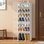 Wecool Sr-W8 Upgraded Shoe Rack For Home Plastic, Portable Shoe Rack With Dustproof Door For Heels/Slippers/Boots, 8-Layer Shoe Storage Cabinet With Hooks For Entryway Or Bedroom – White