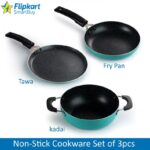 Flipkart Smartbuy Spetter Finish 3 Piece Non-Stick Combo Set Of Dosa Tawa, Fry Pan & Kadhai Non-Stick Coated Cookware Set(Aluminium, 3 – Piece)