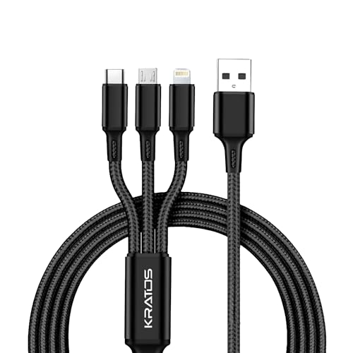 Kratos Unbreakable 1.2 Mtr 3 In 1 Charging Cable With Nylon Braided Long Life Multi Charger Cable Fast Charging For Lighting, Type C And Micro Usb Ports, Fast Charging Cable For Smartphones & Tablets