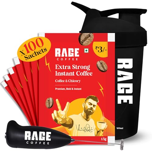 Rage Coffee Extra Strong Premium Blend Coffee Sachets – (Pack Of 100) | Premium, Bold & Instant | Makes 100 Cups | Instant Coffee Sachets & Chicory- 100% Arabica Beans For Hot & Cold Coffee Powder + Multi-Purpose Shaker 400 Ml & Frother