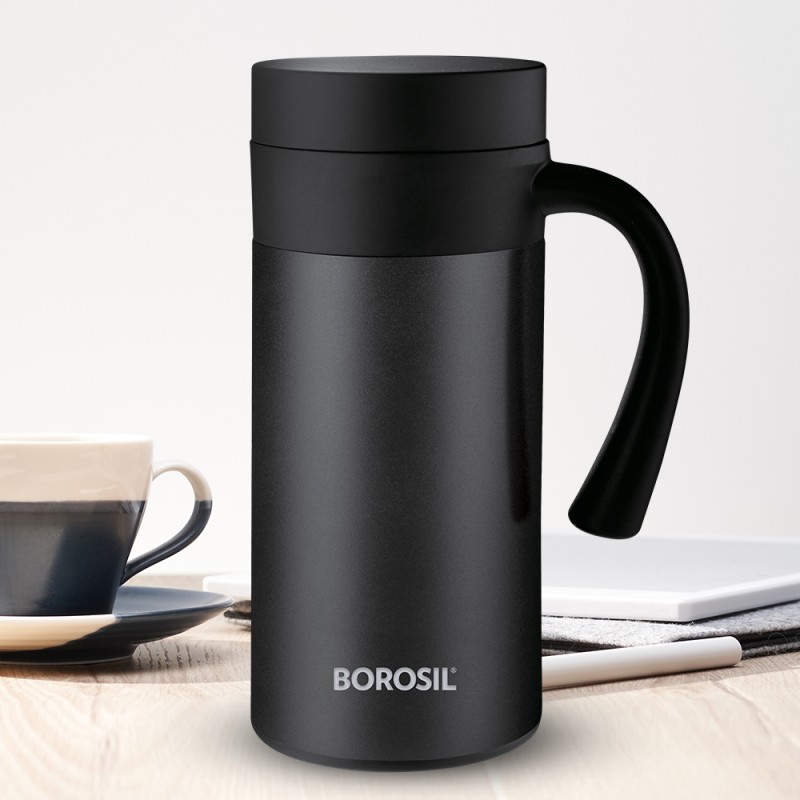 Borosil Caf� Time Stainless Steel Vacuum Insulated Mug, 10 Hrs Hot & Cold Flask, Black 400 Ml Flask(Pack Of 1, Black, Steel)