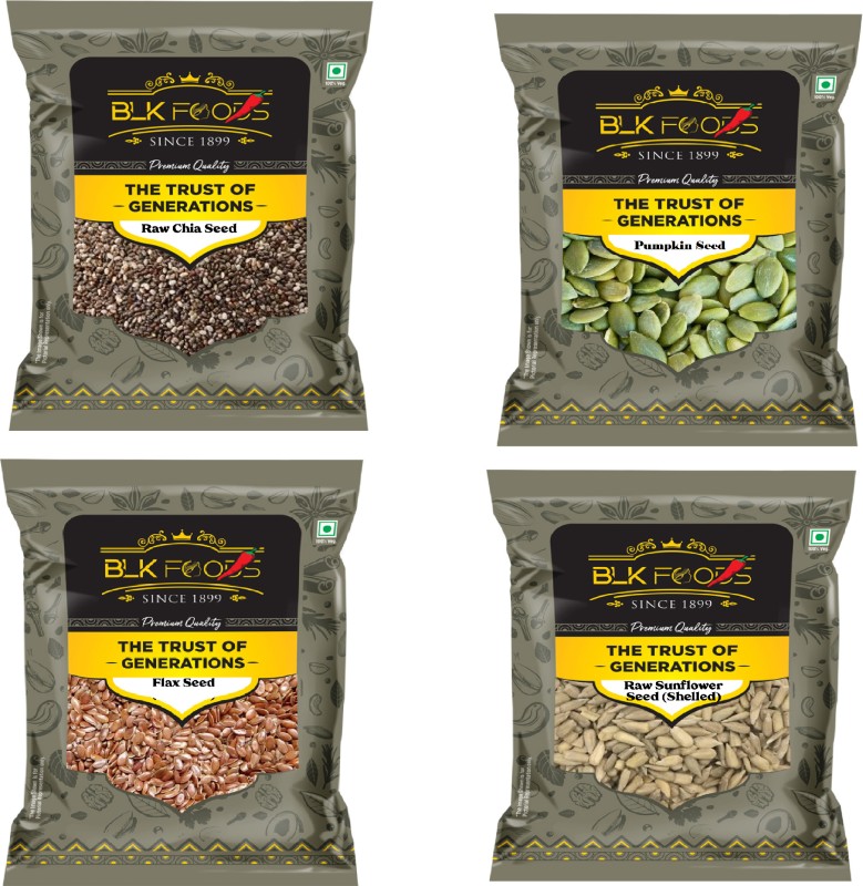 Blk Foods Weight Loss Seeds Combo | Chia, Pumpkin, Sunflower, Flax 200Gm Each With Omega 3 Black Chia Seeds, Brown Flax Seeds, Pumpkin Seeds, Sunflower Seeds(800 G, Pack Of 4)