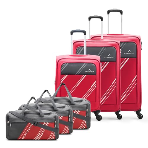 Aristocrat Polyester Trigon Soft Side 4 Spinner Wheels Hexa Luggage Set Of 6|3 Trolley Bags(Cabin 55Cm+69Cm+79Cm)&3 Duffle Bags 52Cm For Travel|5 Years International Warranty (Red) Small,Medium&Large