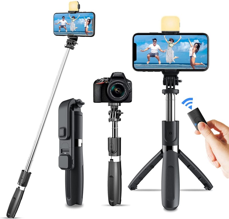 Hold Up Hold Up Selfie Stick Tripod With Light & Phone Stand Wireless Remote Compatible Mobile Phone Bluetooth Selfie Stick(Black, Remote Included)