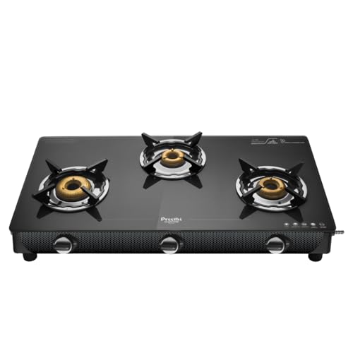 Preethi Valentino Glass Top 3 Burner Gas Stove, Manual Ignition, Black (Isi Approved With Life Time Warranty On Glass & Burner)