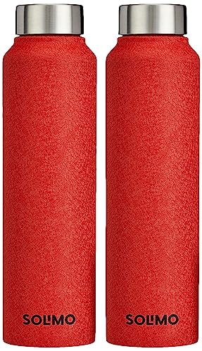 Amazon Brand – Solimo Stainless Steel Fridge Water Bottle | 1000 Ml | Textured Red Finish (Set Of 2)