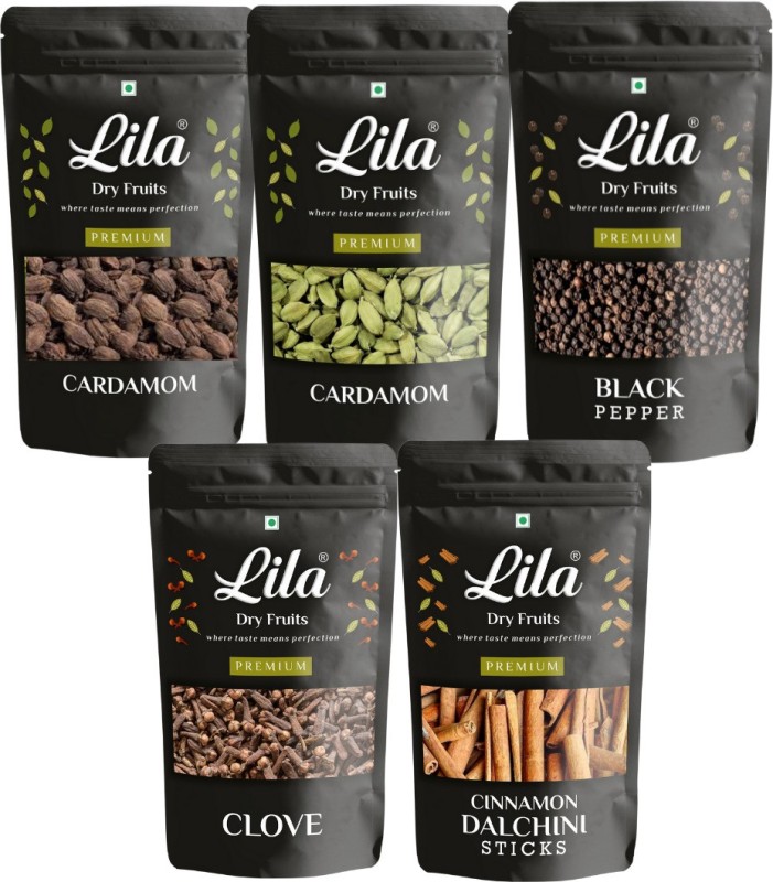 Lila Dry Fruits Premium Spices Combo| Utility Combo| Whole Spice Combo| Green Cardamom, Black Pepper, Cloves, Black Cardamom, Cinnamon Sticks Combo Pack| Daily Use Combo Pack| 50Gm Each(5 X 50 G)