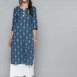 Here&Now Women Printed Straight Kurta(Dark Blue)