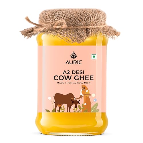 Auric A2 Bilona Desi Cow Ghee 1L/ 1.6 Kg- Vedic Bilona Method -Traditional Curd Churned -Lab Tested -Organically Made Danedar Ghee -Grass Fed Cow -Glass Jar