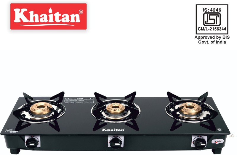 Khaitan 3B Bp-Jio Black Glass Manual Gas Stove(3 Burners)