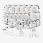 Classic Essentials Pack Of 64 Stainless Steel Heavy Gauge Dinner Set| Glory Lazer Design Bartan|Shagun|Gift Set| Dinner Set(Steel)