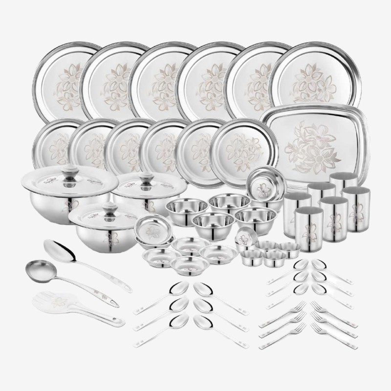 Classic Essentials Pack Of 64 Stainless Steel Heavy Gauge Dinner Set| Glory Lazer Design Bartan|Shagun|Gift Set| Dinner Set(Steel)