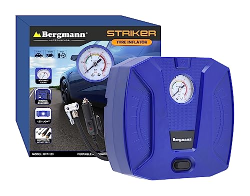 Bergmann Striker Compact & Portable Car & Bike Tyre Inflator | 12V Dc, 120W, 100% Copper Motor | High Precision Metal Gauge | Braided Hose | Led Light | Blue