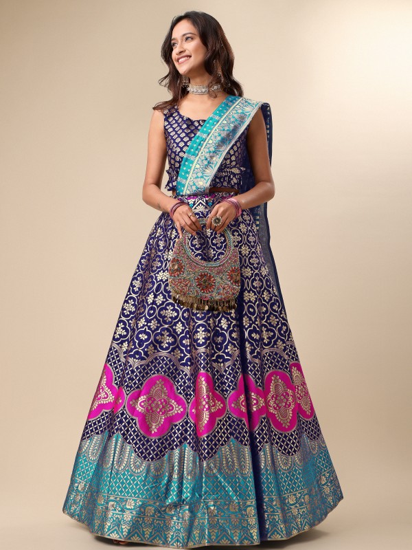 Purvaja Embellished Semi Stitched Lehenga Choli(Dark Blue)