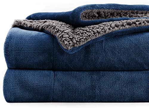 Bsb Home Polyester Micromink Summer Ac/Mild Winter/Heavy Winter Sherpa Blanket Super Soft Flannel Solid/Plain, Blue & Grey, Size 220 X 228 Cms (Approx 7.4 X 7 Ft) (Double), 200 Tc