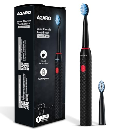 Agaro Royal Sonic Electric Toothbrush For Adults With 3 Modes, 19000 Strokes Per Minute, 2 Brush Heads, Dupont Soft Nylon Bristles, Rechargeable Lasting Up To 25 Days, Power Toothbrush, Black