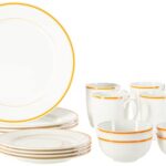 Amazon Brand – Solimo Solid Ceramic 16 Piece Dinner Set | 4 Dinner Plates, 4 Quarter Plates, 4 Mugs & 4 Small Bowls | Yellow Strip Design