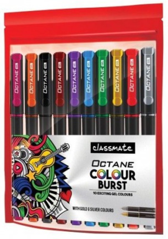 Classmate Octane Burst Multi Colour Gel Pen(Pack Of 10, Ink Color – Pink, Orange, Black, Maroon, Purple, Blue, Green, Yellow, Red, Grey)