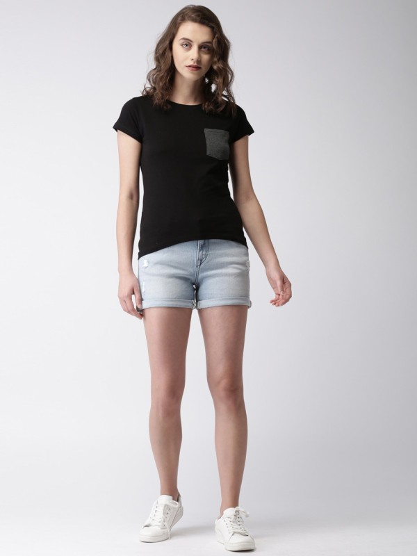 Mast & Harbour Solid Women Round Neck Black T-Shirt