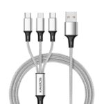 Kratos Unbreakable 1.2 Mtr 3 In 1 Charging Cable With Nylon Braided Long Life Multi Charger Cable Fast Charging For Lighting, Type C And Micro Usb Ports, Fast Charging Cable For Smartphones & Tablets