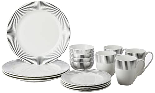 Amazon Brand – Solimo Ceramic 16 Piece Dinner Set | 4 Dinner Plates, 4 Quarter Plates, 4 Mugs & 4 Small Bowls | Black Lines