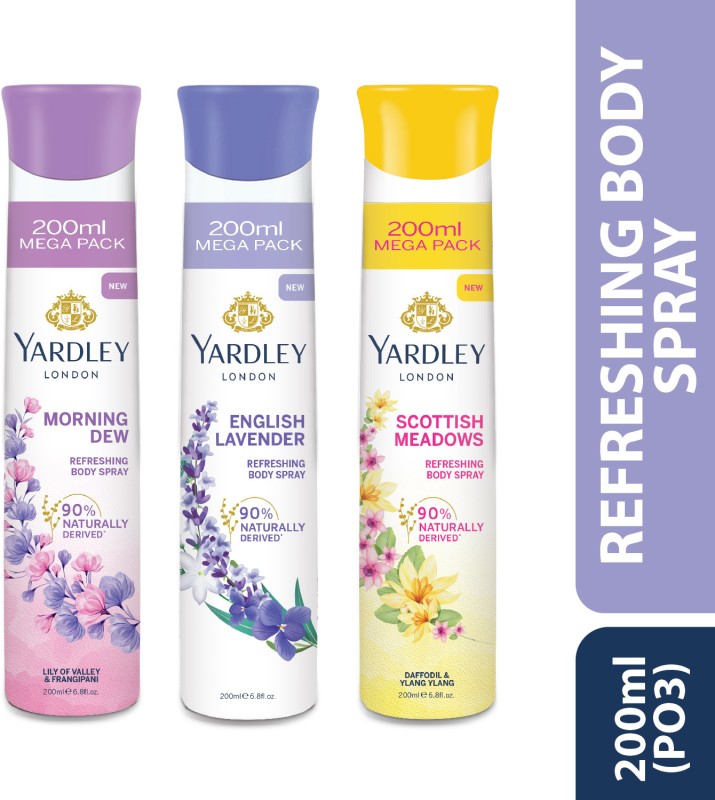 Yardley London Morning Dew Refreshing Body Spray + English Lavender + Scottish Meadows Deodorant Spray  –  For Women(600 Ml, Pack Of 3)