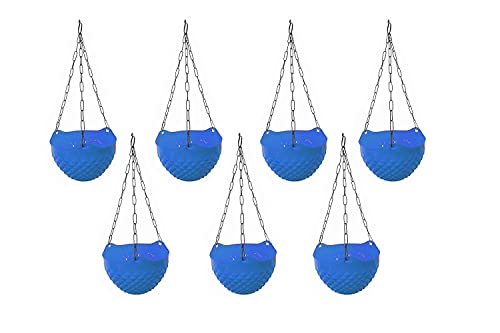 Go Hooked Plastic Flower Pot| Hanging Planter| Planter With Metal Hanging Chain| Beautiful Hanging Flower Pots For Home Garden| Hanging Pots For Balcony |Blue |Pack Of 7 | Round Crystal Shaped