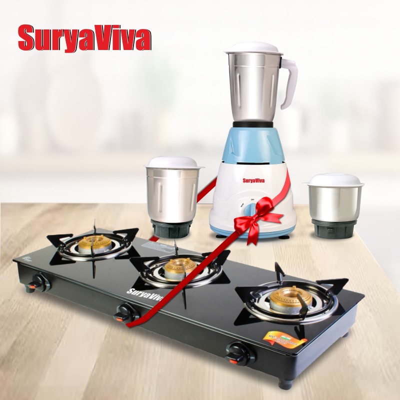 Suryaviva Photon 3B Combo Mixer Ronin 3 Jar 500 Watt Glass Manual Gas Stove(3 Burners)