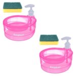 Swapkart Pack Of 2 Double Layer Soap Dispenser For Bathroom Accessories Dishwasher Liquid Holder Dispenser Pump With Sponge Holder Kitchen Sink Accessories Items (Pink)