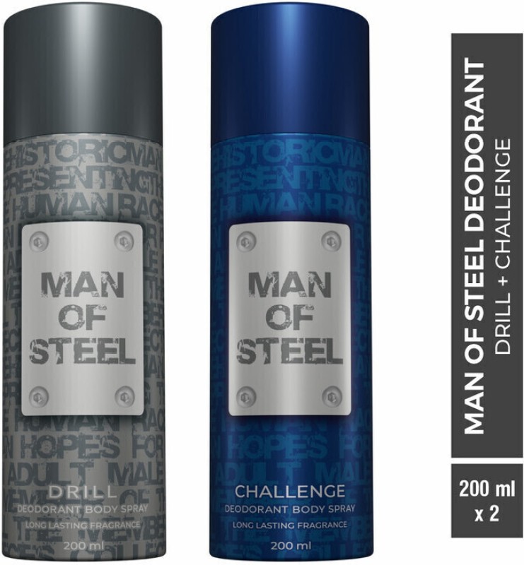 Denver Combo Of Man Of Steel Drill + Challenge Long Lasting Deodorant Spray  –  For Men(400 Ml, Pack Of 2)