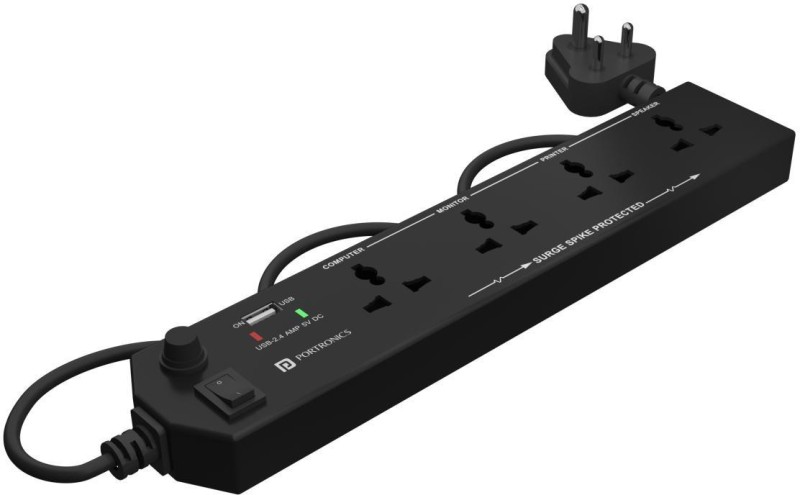 Portronics Power Plate 4 Multiplug Board With Cord, 1500 Watts 4  Socket Extension Boards(Black, 1.5 M, With Usb Port)