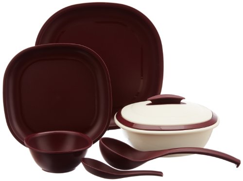 Signoraware Matt Finish Square Plastic Dinner Set, 27-Pieces, Maroon