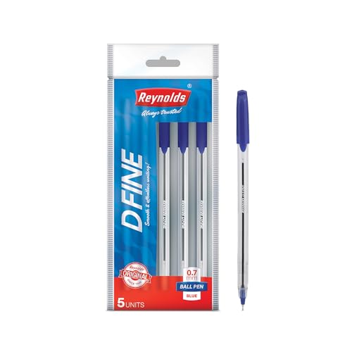 Reynolds Dfine Ball Pen Set – 5 Blue Pens With Comfortable Grip |Blue Ball Pens For Writing | Pen For Students & Office Stationery | 0.7 Mm Tip Size