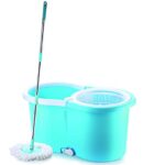 Ganesh Rapid Plastic Spin Mop, Round Plastic Bucket Floor Cleaning Mop With Bucket, Pocha For Floor Cleaning, Mopping Set (Blue, Set Of 2 Microfiber Refills)