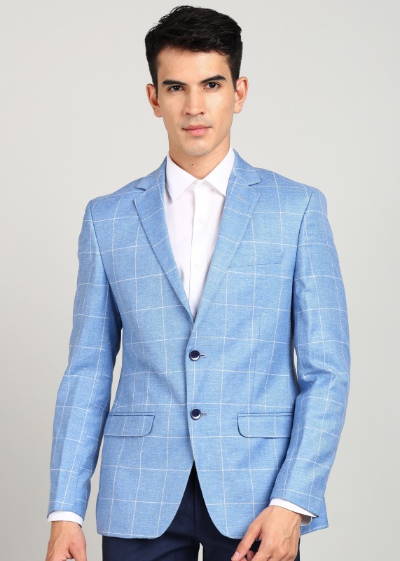 Park Avenue Checkered Single Breasted Formal Men Blazer(Blue)