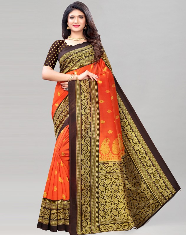 Samah Printed, Geometric Print, Embellished Bhagalpuri Silk Blend, Cotton Silk Saree(Orange)