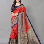 Samah Printed, Geometric Print, Embellished Bhagalpuri Silk Blend, Cotton Silk Saree(Red, Dark Blue)