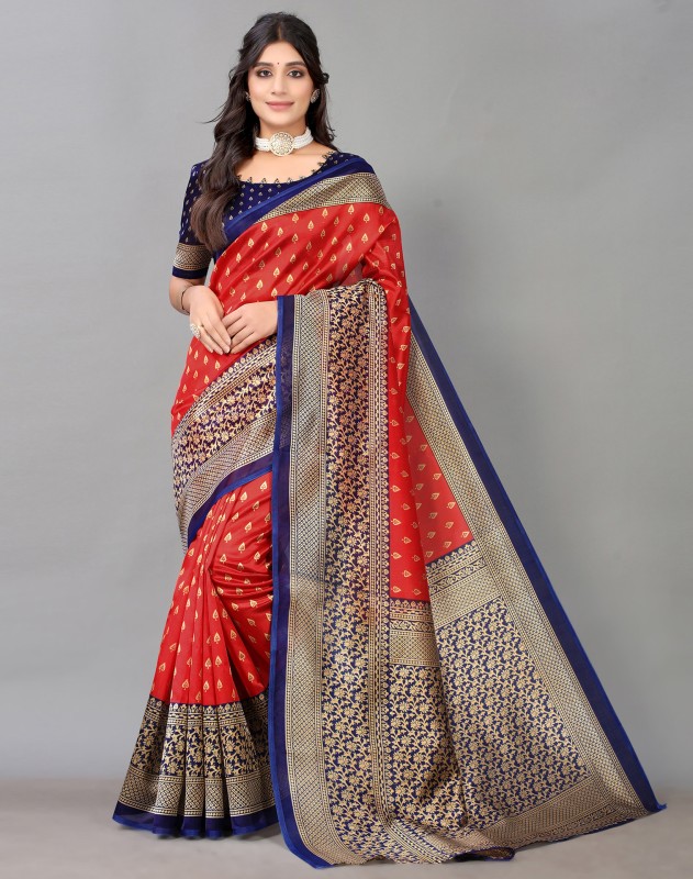 Samah Printed, Geometric Print, Embellished Bhagalpuri Silk Blend, Cotton Silk Saree(Red, Dark Blue)