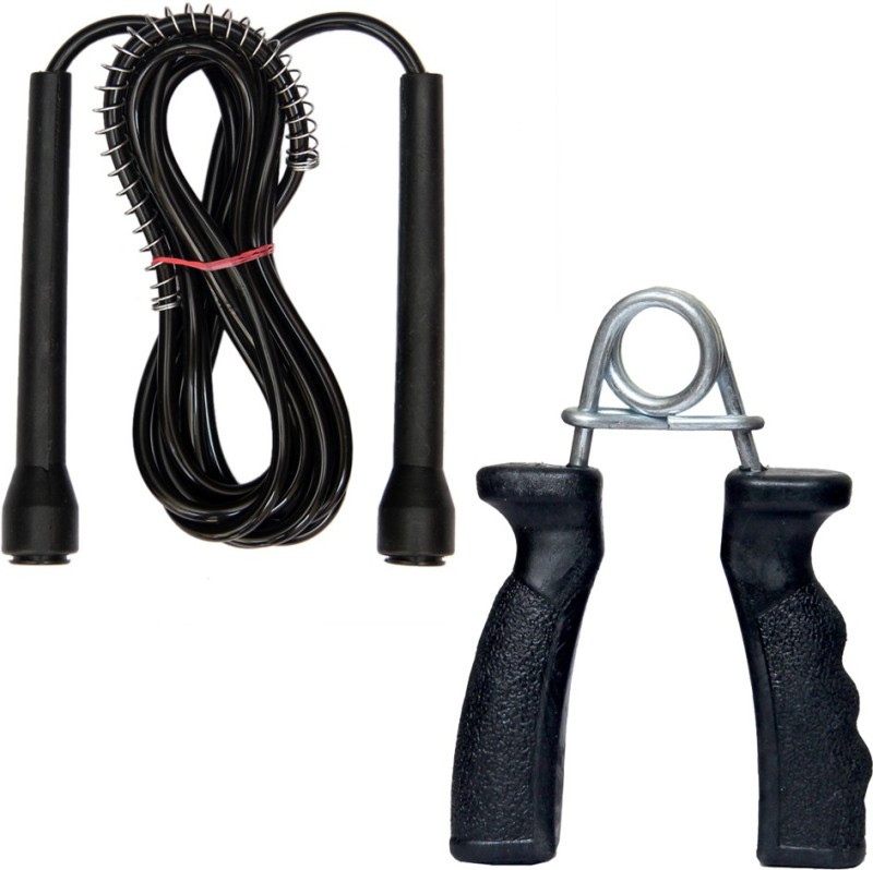 Resh Black Skipping Rope + Black Plastic Hand Grip Fitness Accessory Kit Kit