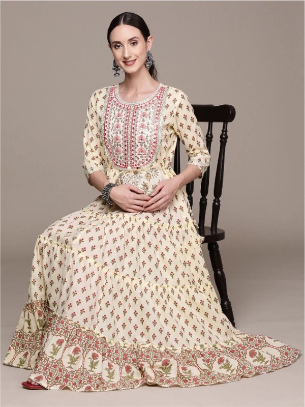 Charvi Creation Women Printed, Embroidered Flared Kurta(Beige)